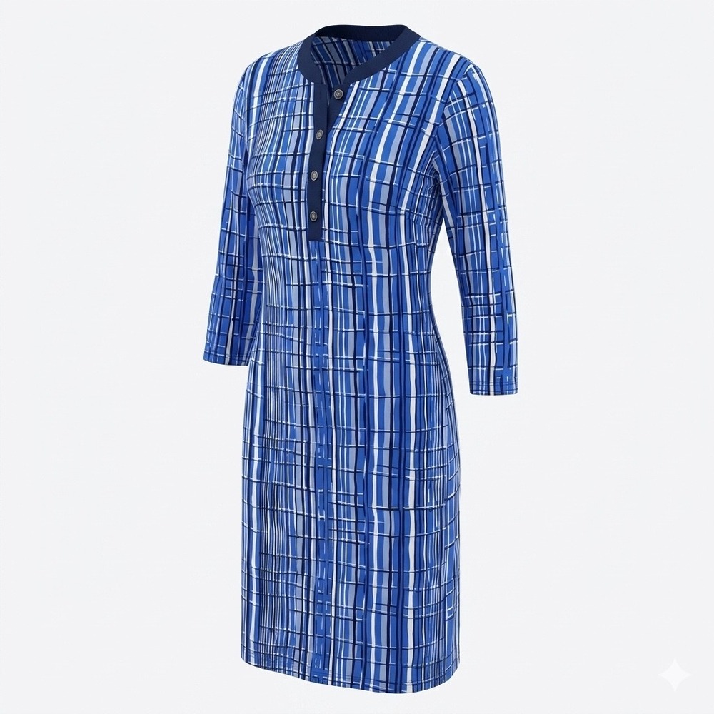 J McLaughlin Navy‎ Blue Striped 3/4 Sleeve Nylon Dress size Small